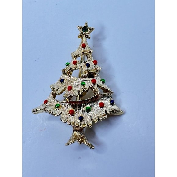 Gerrys Brooch Pin Vintage Christmas Tree Jewelry Goldtone Rhinestones Star Top - Picture 3 of 6